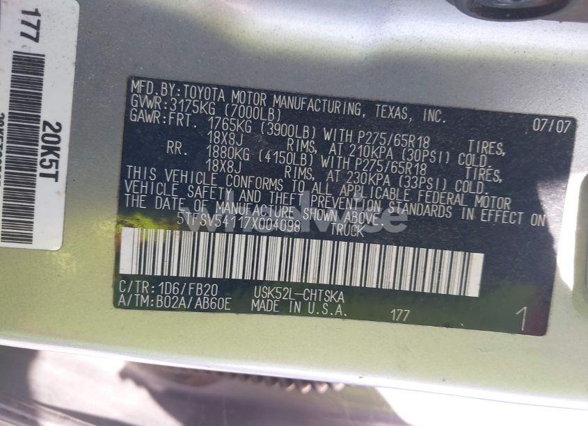 Photo 9 of 2007 Toyota Tundra SR5 5.7L V8 (VIN 5TFSV54117X004098)