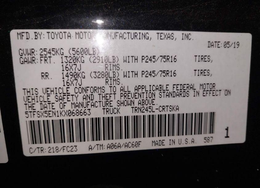 Photo 9 of 2019 Toyota Tacoma SR5 (VIN 5TFSX5EN1KX068663)
