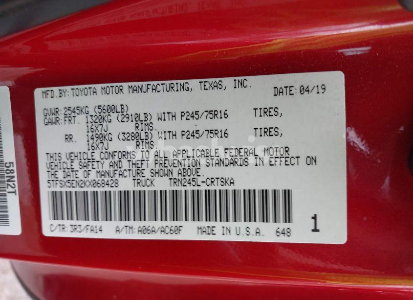 Photo 9 of 2019 Toyota Tacoma SR (VIN 5TFSX5EN2KX068428)
