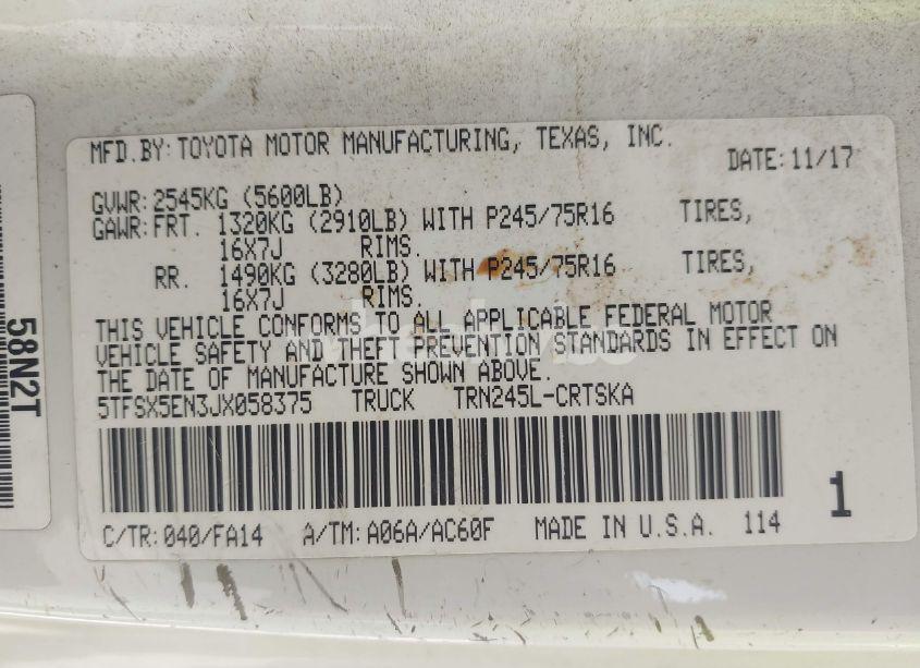 Photo 9 of 2018 Toyota Tacoma SR (VIN 5TFSX5EN3JX058375)