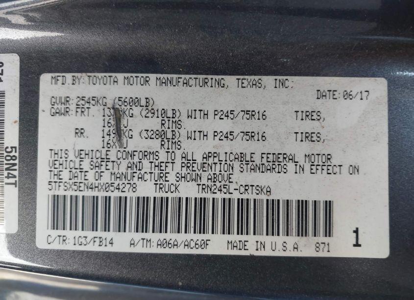 Photo 9 of 2017 Toyota Tacoma SR (VIN 5TFSX5EN4HX054278)