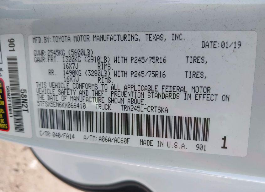 Photo 9 of 2019 Toyota Tacoma SR (VIN 5TFSX5EN6KX066410)