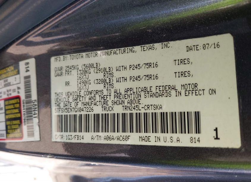 Photo 9 of 2016 Toyota Tacoma SR (VIN 5TFSX5EN7GX047226)