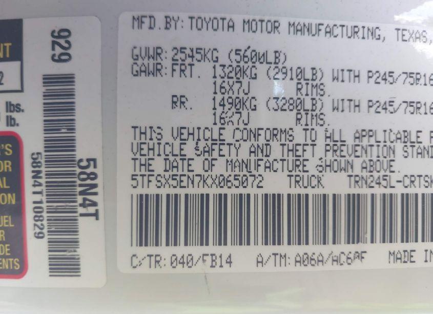 Photo 9 of 2019 Toyota Tacoma SR (VIN 5TFSX5EN7KX065072)