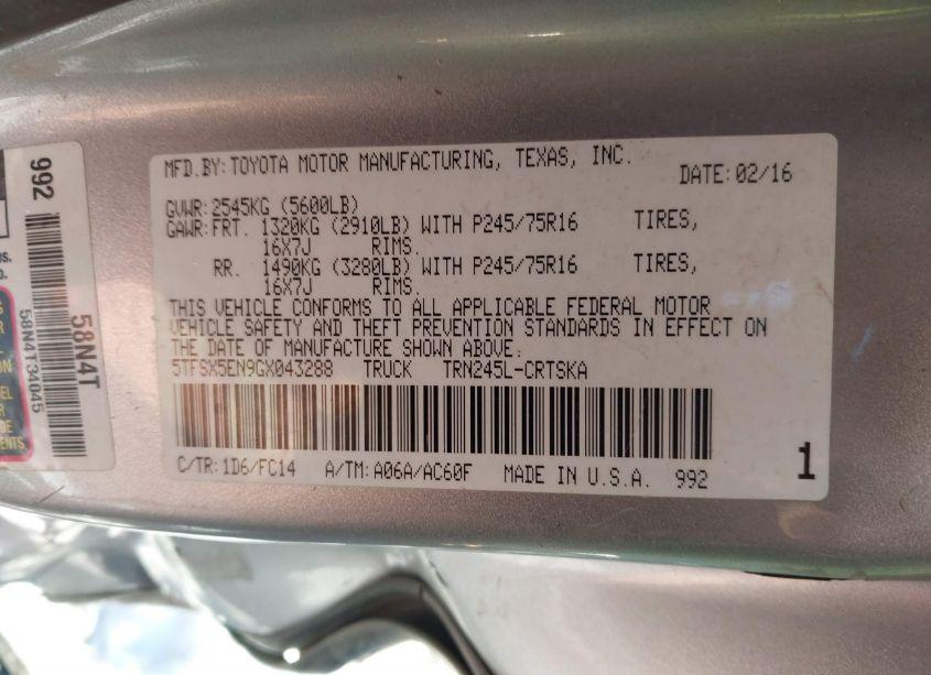 Photo 9 of 2016 Toyota Tacoma SR5 (VIN 5TFSX5EN9GX043288)