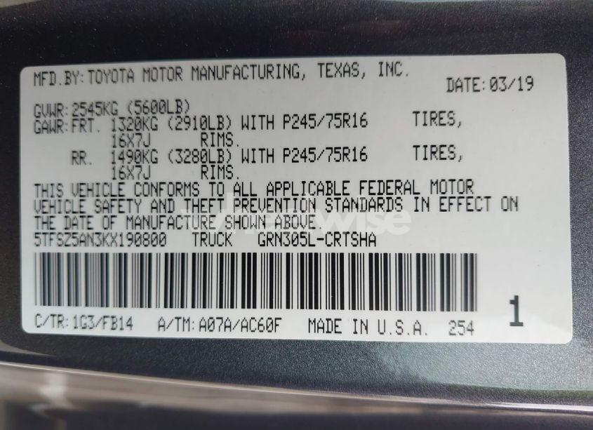 Photo 9 of 2019 Toyota Tacoma SR V6/SR5 V6/TRD OFF ROAD/TRD SPORT (VIN 5TFSZ5AN3KX190800)