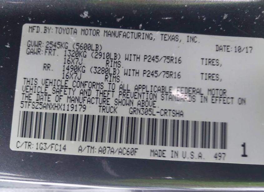 Photo 9 of 2017 Toyota Tacoma SR5 V6 (VIN 5TFSZ5ANXHX119179)