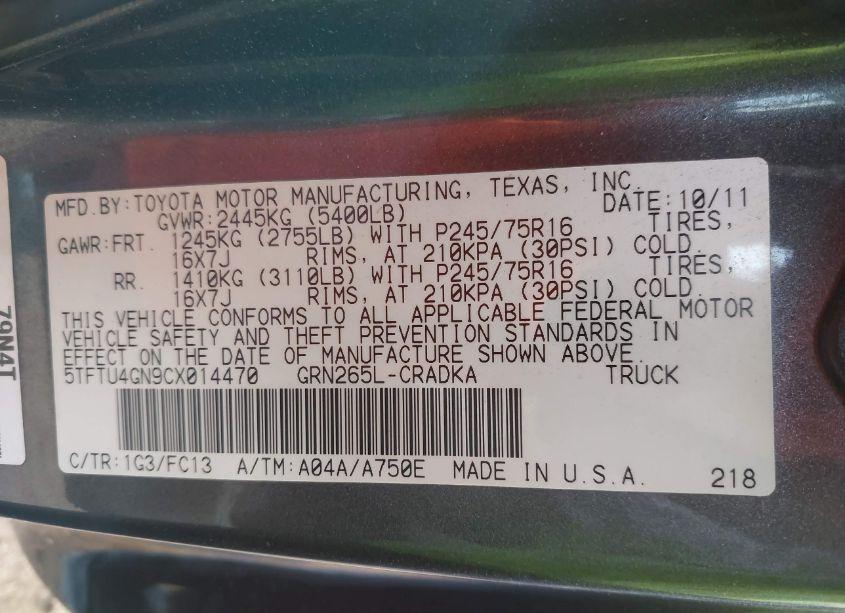 Photo 9 of 2012 Toyota Tacoma PRERUNNER ACCESS CAB (VIN 5TFTU4GN9CX014470)