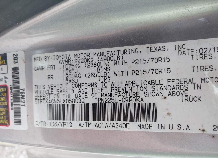 Photo 9 of 2015 Toyota Tacoma (VIN 5TFTX4CN5FX058032)