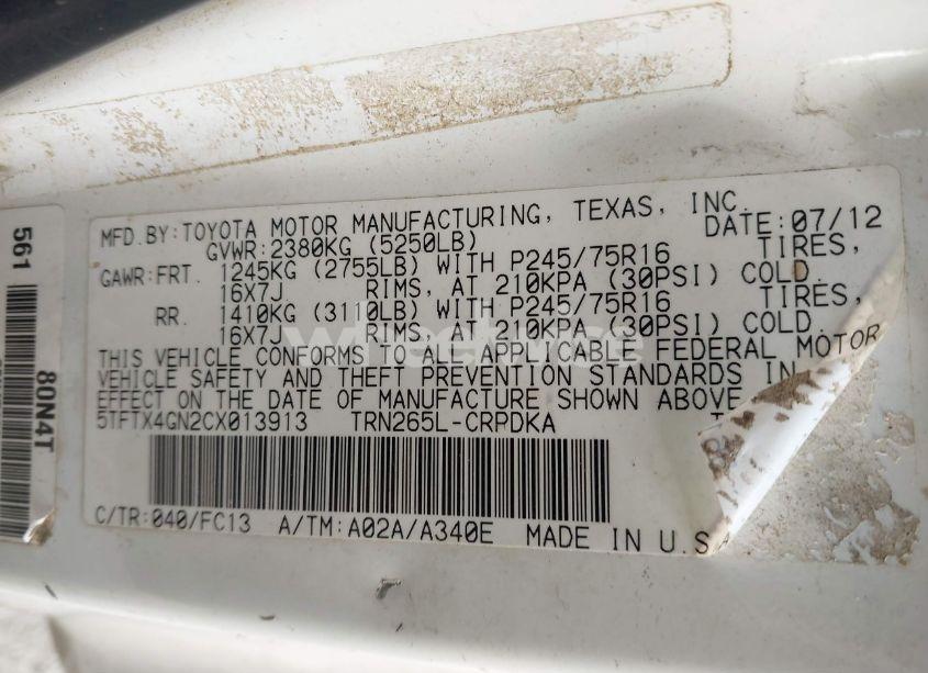 Photo 9 of 2012 Toyota Tacoma PRERUNNER ACCESS CAB (VIN 5TFTX4GN2CX013913)