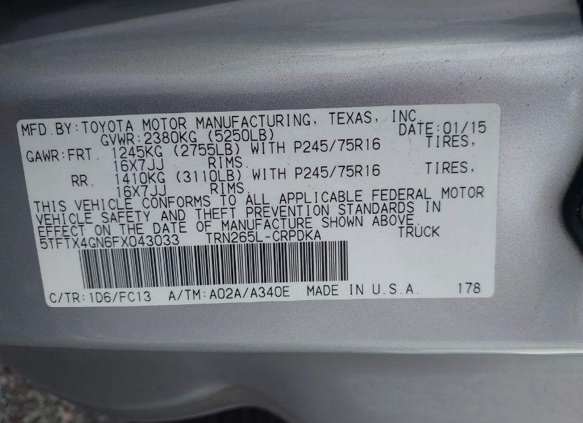 Photo 9 of 2015 Toyota Tacoma PRERUNNER (VIN 5TFTX4GN6FX043033)