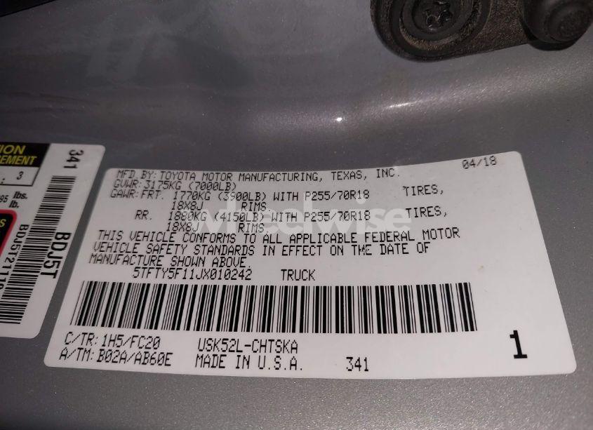 Photo 9 of 2018 Toyota Tundra SR5 5.7L V8 (VIN 5TFTY5F11JX010242)