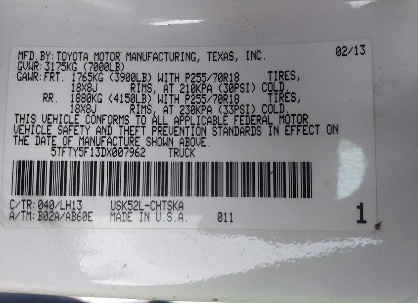 Photo 9 of 2013 Toyota Tundra 2WD TRUCK GRADE 5.7L V8 (A6) (VIN 5TFTY5F13DX007962)