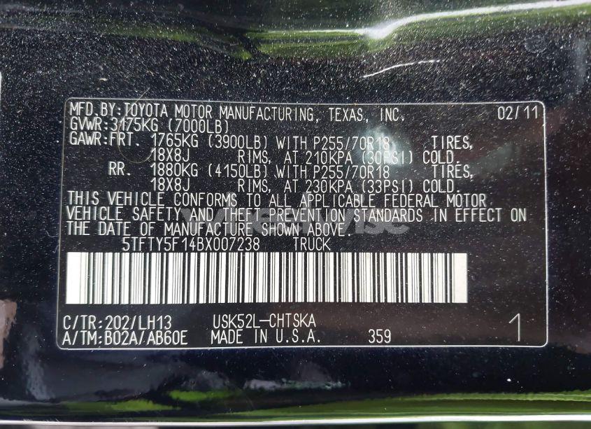 Photo 9 of 2011 Toyota Tundra GRADE 5.7L V8 (VIN 5TFTY5F14BX007238)