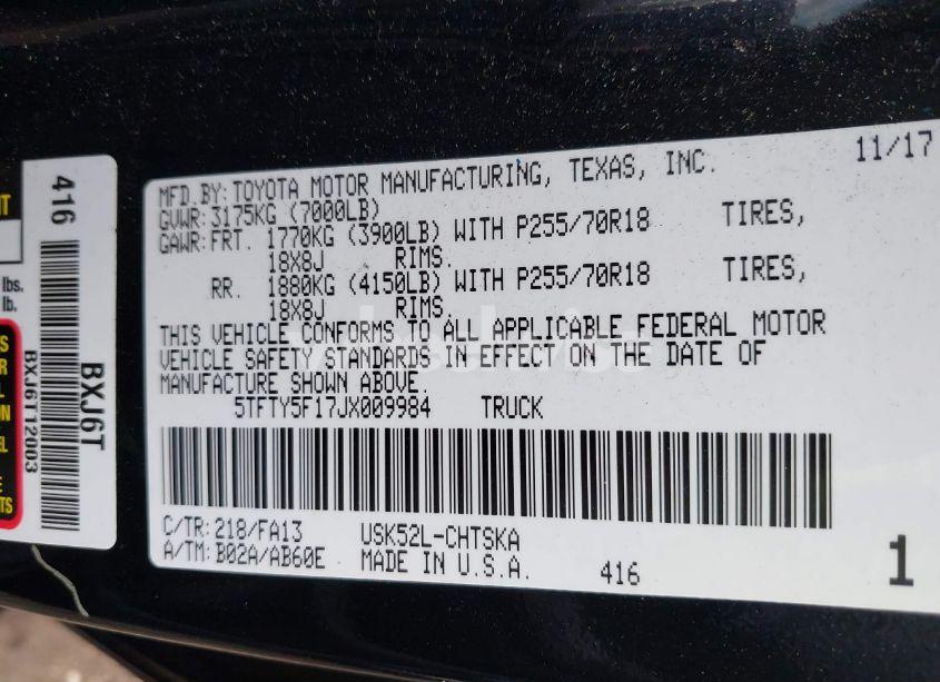 Photo 9 of 2018 Toyota Tundra SR 5.7L V8 (VIN 5TFTY5F17JX009984)