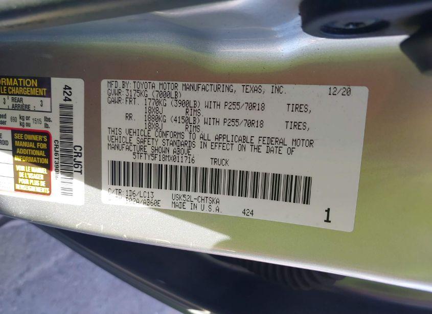 Photo 9 of 2021 Toyota Tundra SR (VIN 5TFTY5F18MX011716)