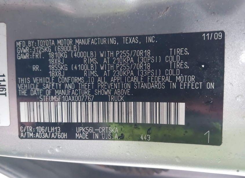 Photo 9 of 2010 Toyota Tundra GRADE 4.6L V8 (VIN 5TFUM5F10AX007767)