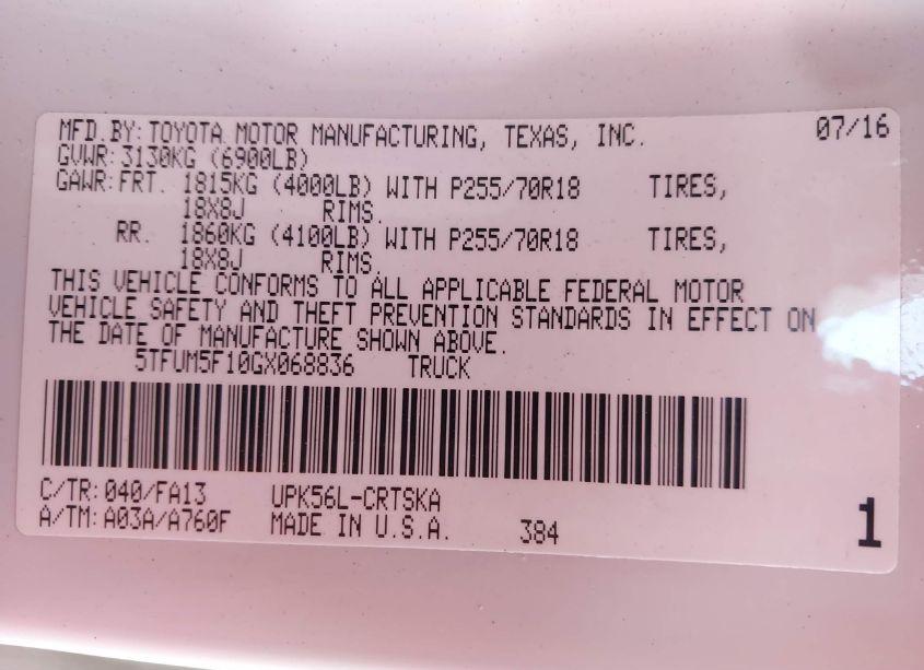 Photo 9 of 2016 Toyota Tundra SR 4.6L V8 (VIN 5TFUM5F10GX068836)