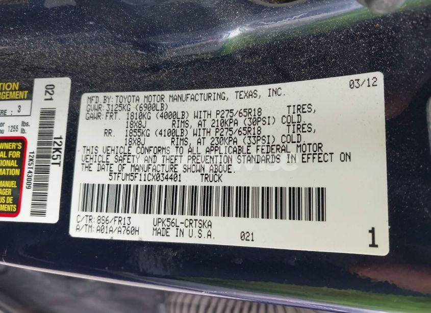 Photo 9 of 2012 Toyota Tundra GRADE 4.6L V8 (VIN 5TFUM5F11CX034401)