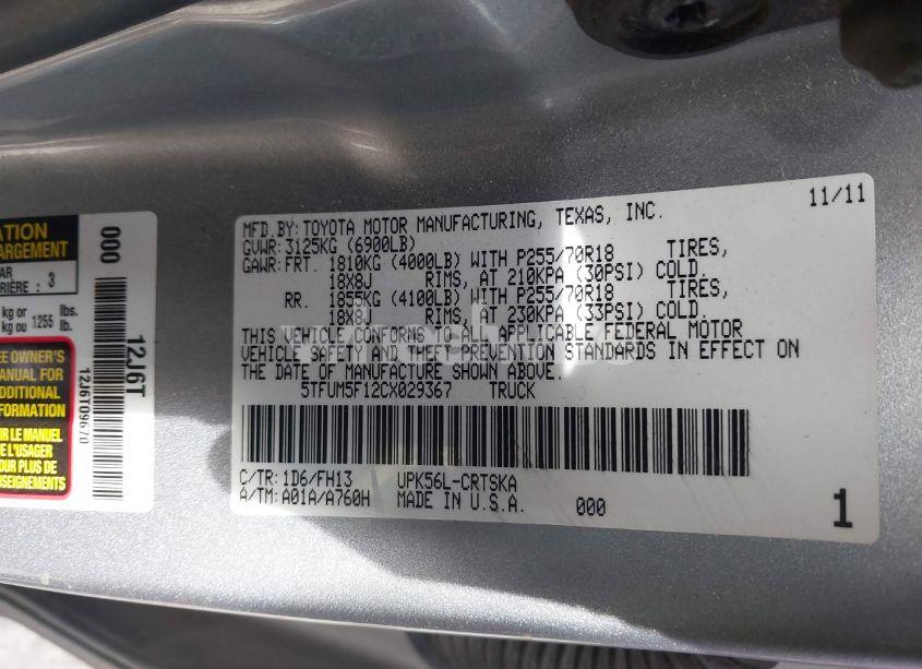 Photo 9 of 2012 Toyota Tundra GRADE 4.6L V8 (VIN 5TFUM5F12CX029367)