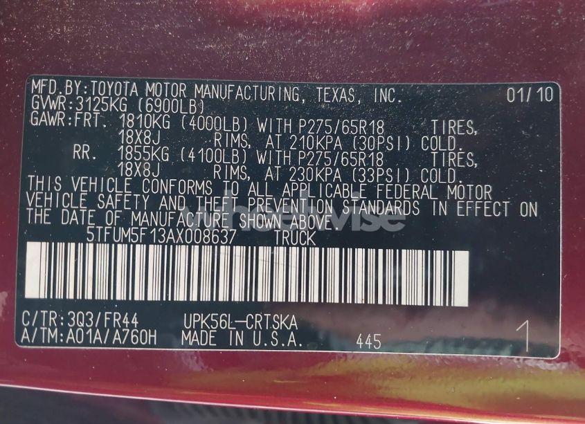 Photo 9 of 2010 Toyota Tundra GRADE 4.6L V8 (VIN 5TFUM5F13AX008637)