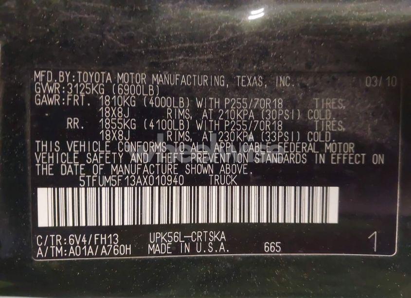 Photo 9 of 2010 Toyota Tundra GRADE 4.6L V8 (VIN 5TFUM5F13AX010940)