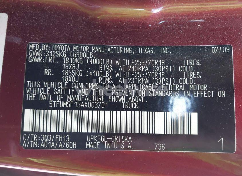 Photo 9 of 2010 Toyota Tundra GRADE 4.6L V8 (VIN 5TFUM5F15AX003701)