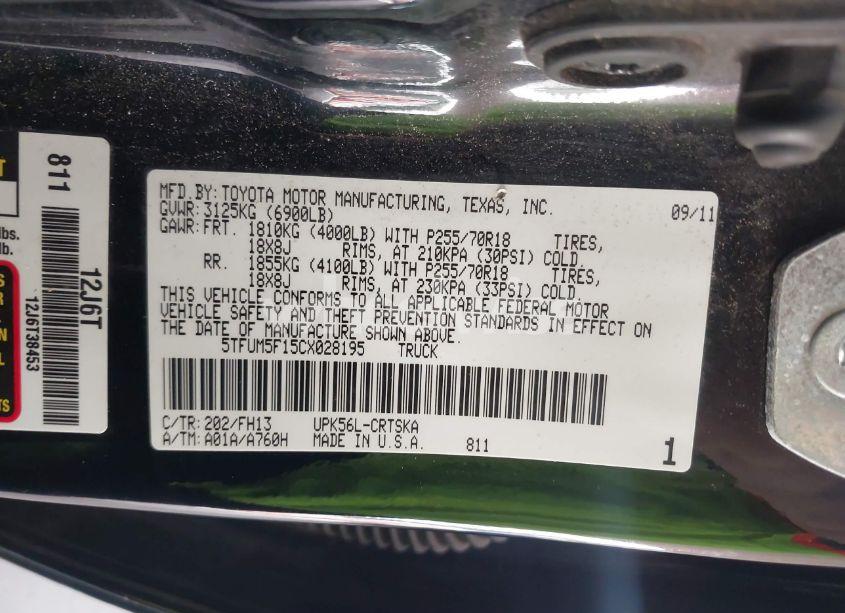 Photo 9 of 2012 Toyota Tundra GRADE 4.6L V8 (VIN 5TFUM5F15CX028195)