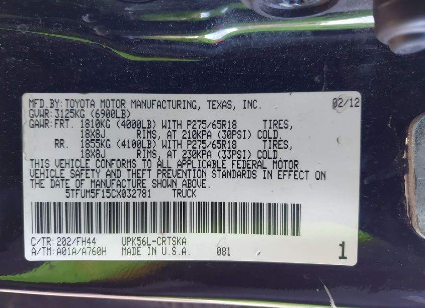 Photo 9 of 2012 Toyota Tundra GRADE 4.6L V8 (VIN 5TFUM5F15CX032781)