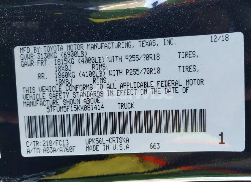 Photo 9 of 2019 Toyota Tundra SR5 4.6L V8 (VIN 5TFUM5F15KX081414)