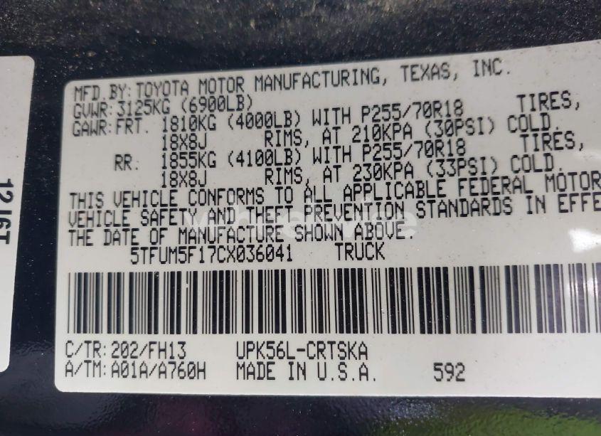 Photo 9 of 2012 Toyota Tundra GRADE 4.6L V8 (VIN 5TFUM5F17CX036041)