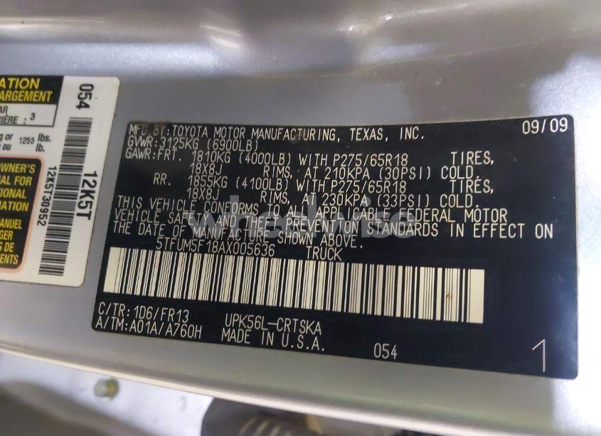 Photo 9 of 2010 Toyota Tundra GRADE 4.6L V8 (VIN 5TFUM5F18AX005636)