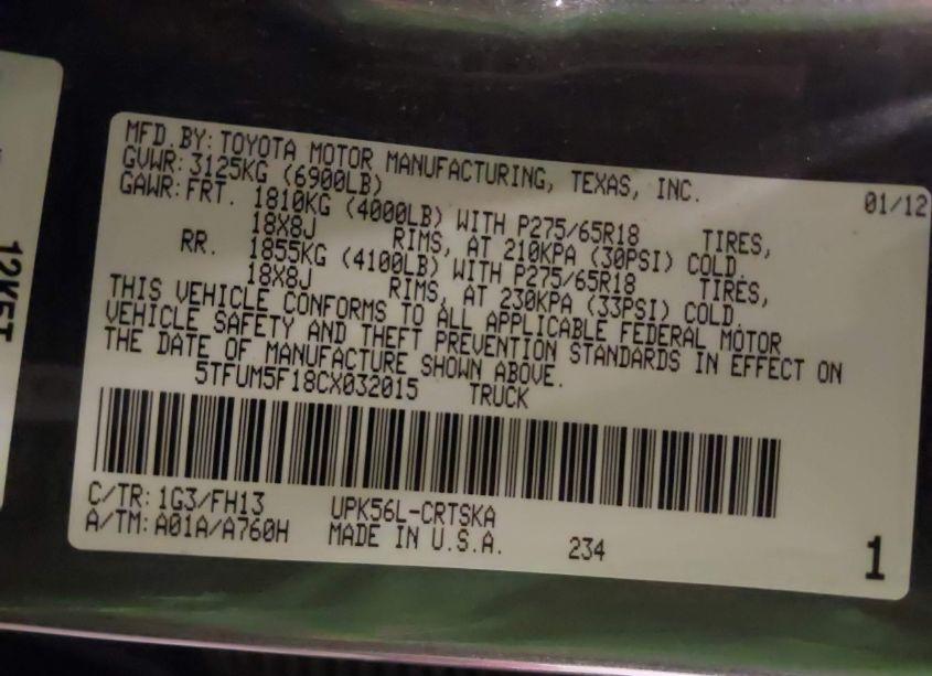 Photo 9 of 2012 Toyota Tundra GRADE 4.6L V8 (VIN 5TFUM5F18CX032015)