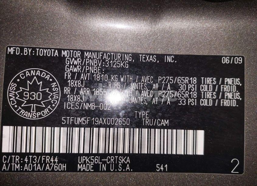 Photo 9 of 2010 Toyota Tundra SR5 4.6L V8 (VIN 5TFUM5F19AX002650)