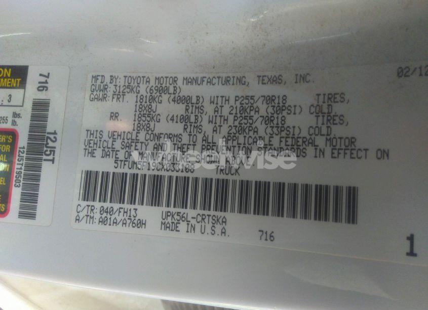 Photo 9 of 2012 Toyota Tundra GRADE 4.6L V8 (VIN 5TFUM5F19CX033108)