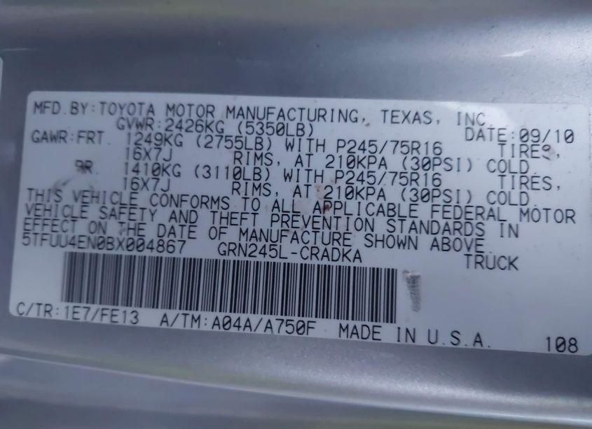 Photo 9 of 2011 Toyota Tacoma BASE V6 (VIN 5TFUU4EN0BX004867)