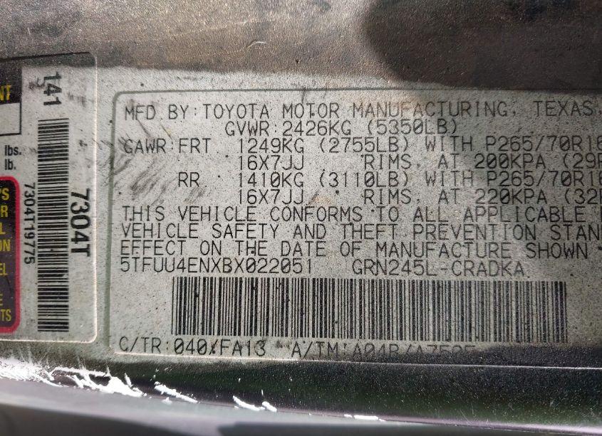 Photo 9 of 2011 Toyota Tacoma BASE V6 (VIN 5TFUU4ENXBX022051)