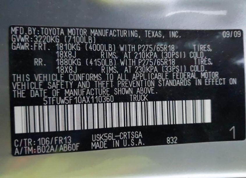 Photo 9 of 2010 Toyota Tundra GRADE 5.7L V8 (VIN 5TFUW5F10AX110360)