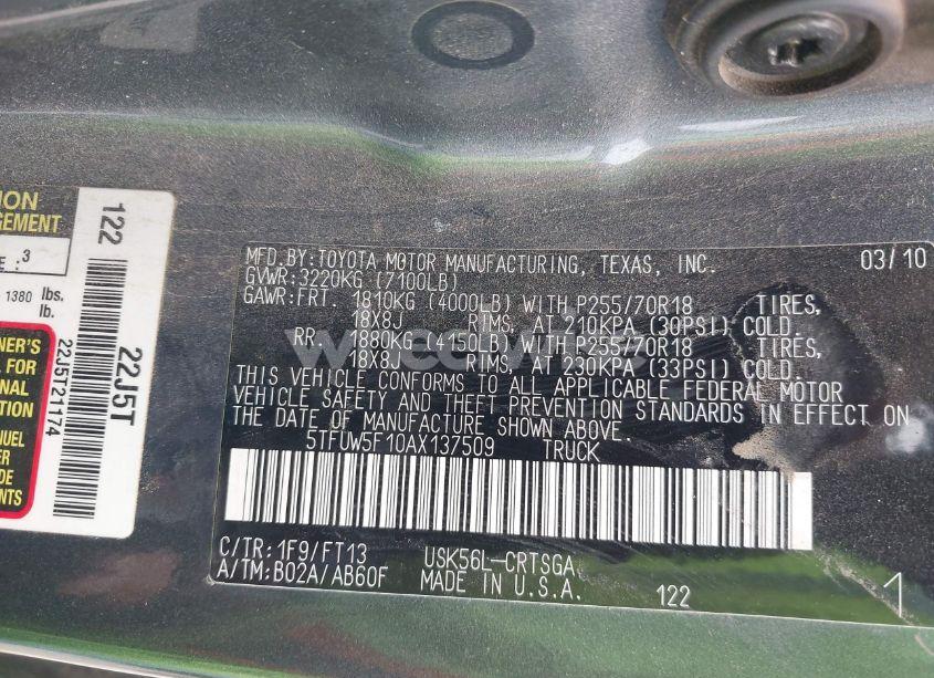 Photo 9 of 2010 Toyota Tundra GRADE 5.7L V8 (VIN 5TFUW5F10AX137509)