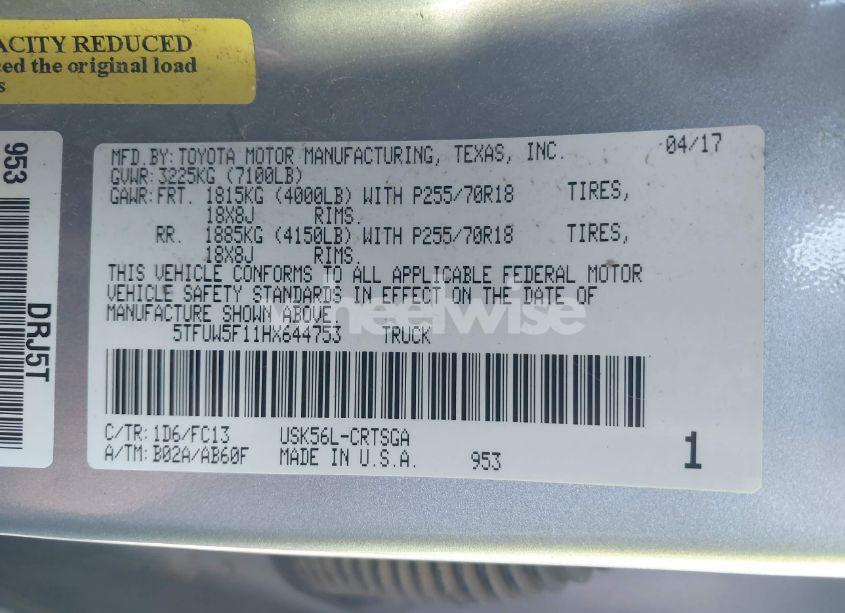 Photo 9 of 2017 Toyota Tundra SR5 5.7L V8 (VIN 5TFUW5F11HX644753)