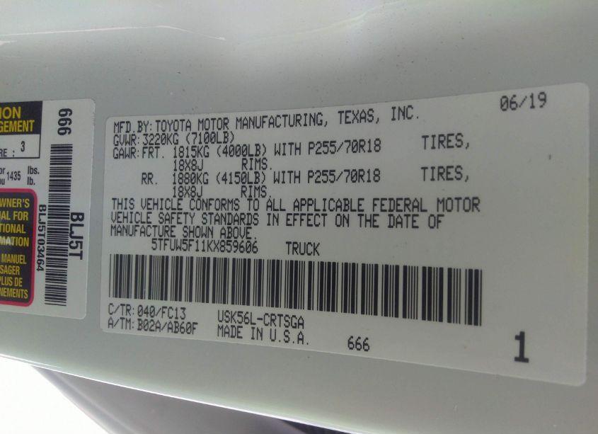 Photo 9 of 2019 Toyota Tundra SR5 5.7L V8 (VIN 5TFUW5F11KX859606)