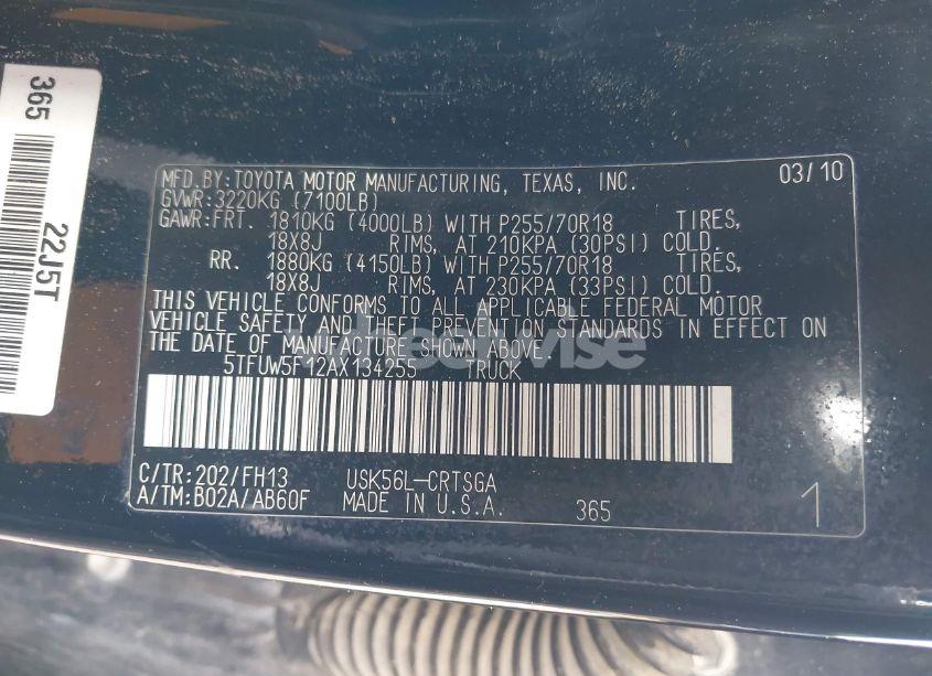 Photo 9 of 2010 Toyota Tundra GRADE 5.7L V8 (VIN 5TFUW5F12AX134255)