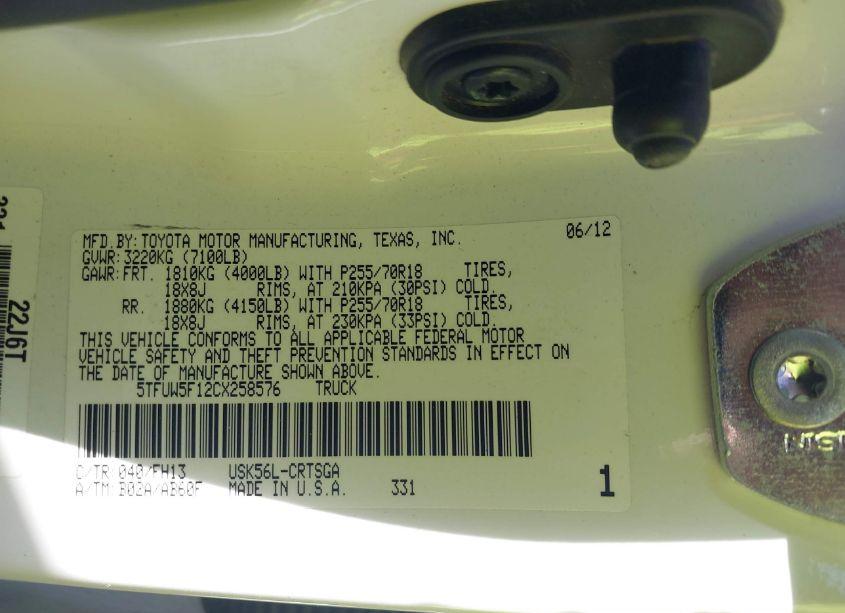 Photo 9 of 2012 Toyota Tundra GRADE 5.7L V8 (VIN 5TFUW5F12CX258576)