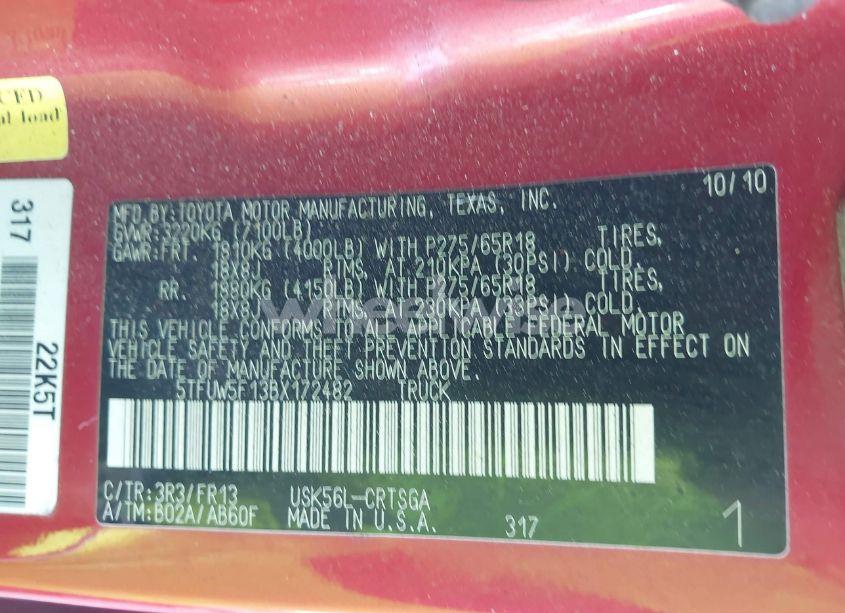 Photo 9 of 2011 Toyota Tundra GRADE 5.7L V8 (VIN 5TFUW5F13BX172482)