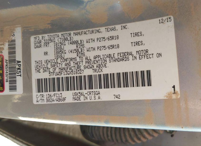 Photo 9 of 2016 Toyota Tundra SR5 5.7L V8 (VIN 5TFUW5F13GX518327)