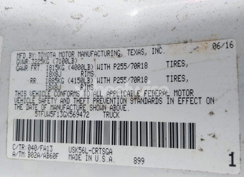 Photo 9 of 2016 Toyota Tundra SR 5.7L V8 (VIN 5TFUW5F13GX569472)