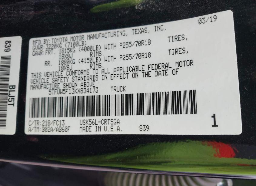 Photo 9 of 2019 Toyota Tundra SR5 5.7L V8 (VIN 5TFUW5F13KX834173)