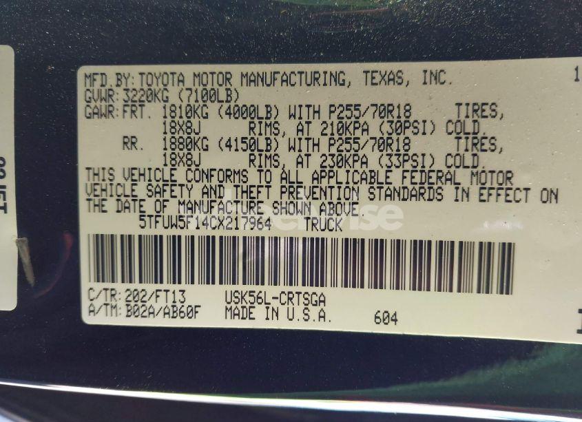 Photo 9 of 2012 Toyota Tundra GRADE 5.7L V8 (VIN 5TFUW5F14CX217964)