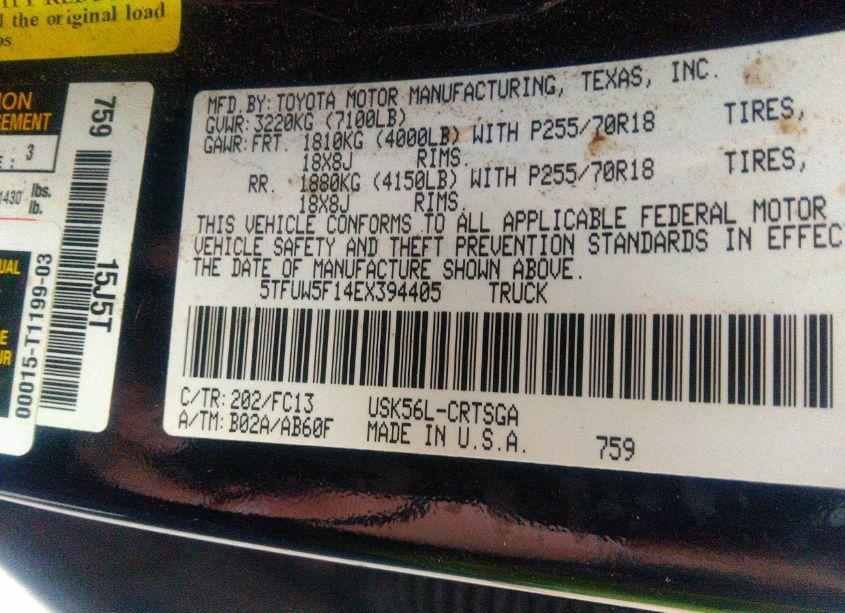 Photo 9 of 2014 Toyota Tundra SR5 5.7L V8 (VIN 5TFUW5F14EX394405)