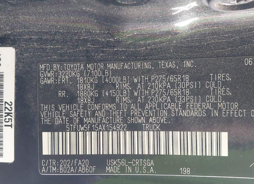 Photo 9 of 2010 Toyota Tundra GRADE 5.7L V8 (VIN 5TFUW5F15AX154922)